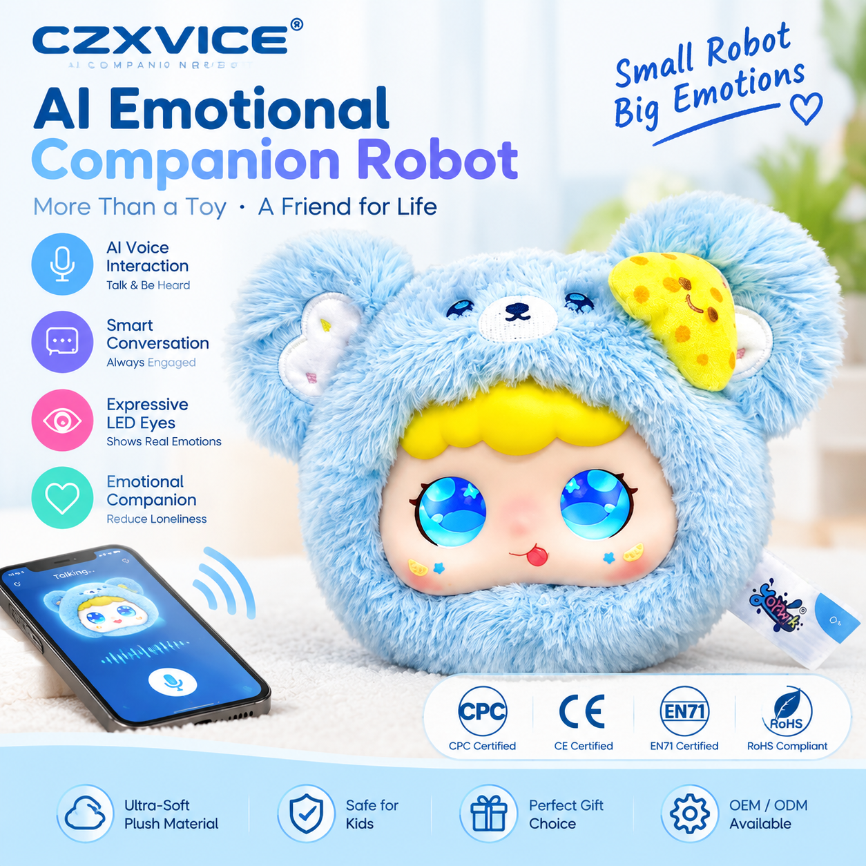 AI Emotional Companion Robot Plush Toy Smart Interactive Talking Bear Voice Chat LED Eyes Adjustable Size 11-30cm Gift for Teens