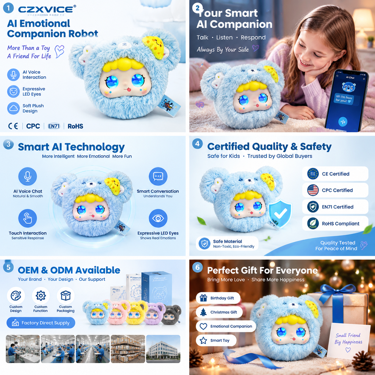 AI Emotional Companion Robot Plush Toy Smart Interactive Talking Bear Voice Chat LED Eyes Adjustable Size 11-30cm Gift for Teens